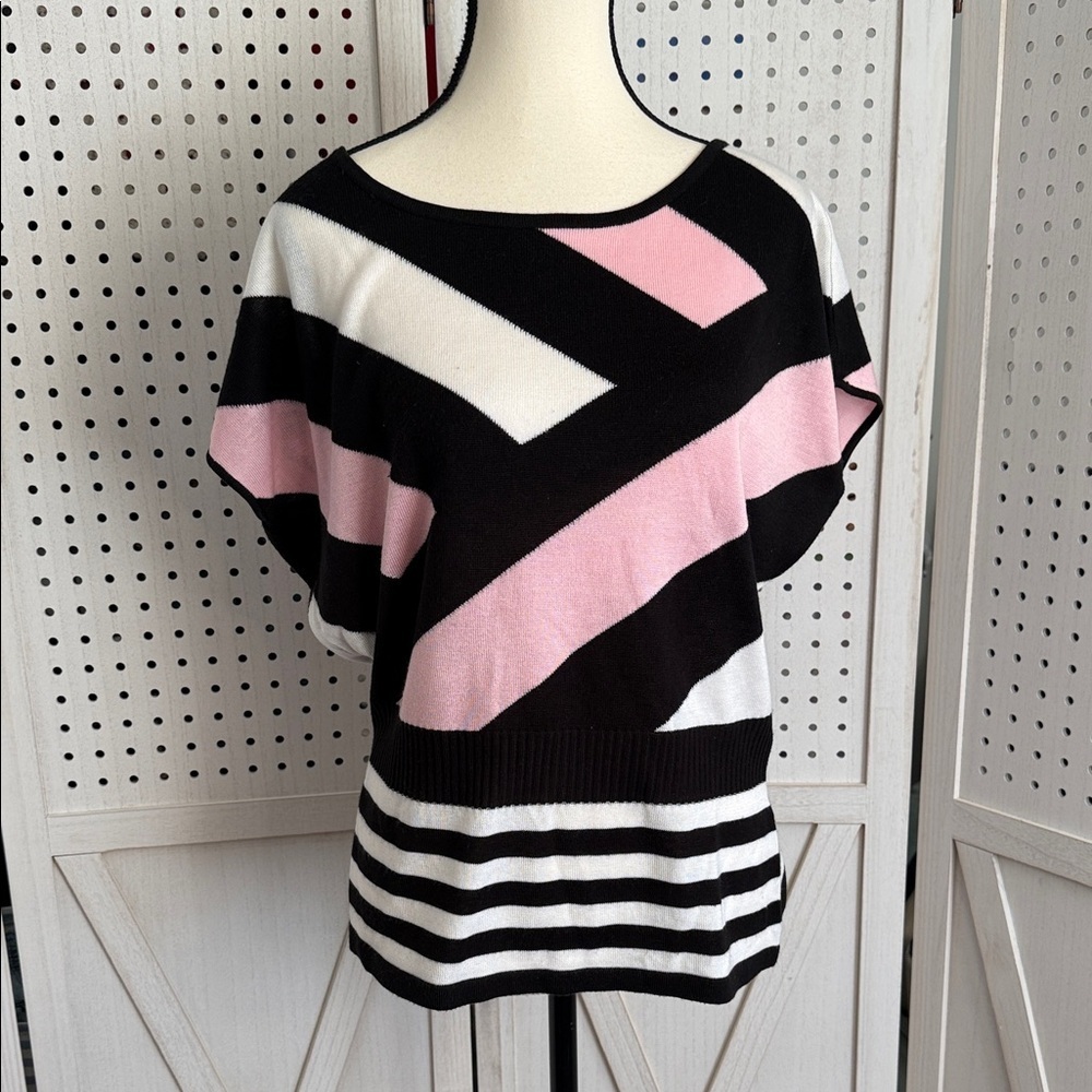 Pink Black Colorblock Stripe Knit Sweater Top Dolman Boatneck Soft Chic Medium - Picture 2 of 7